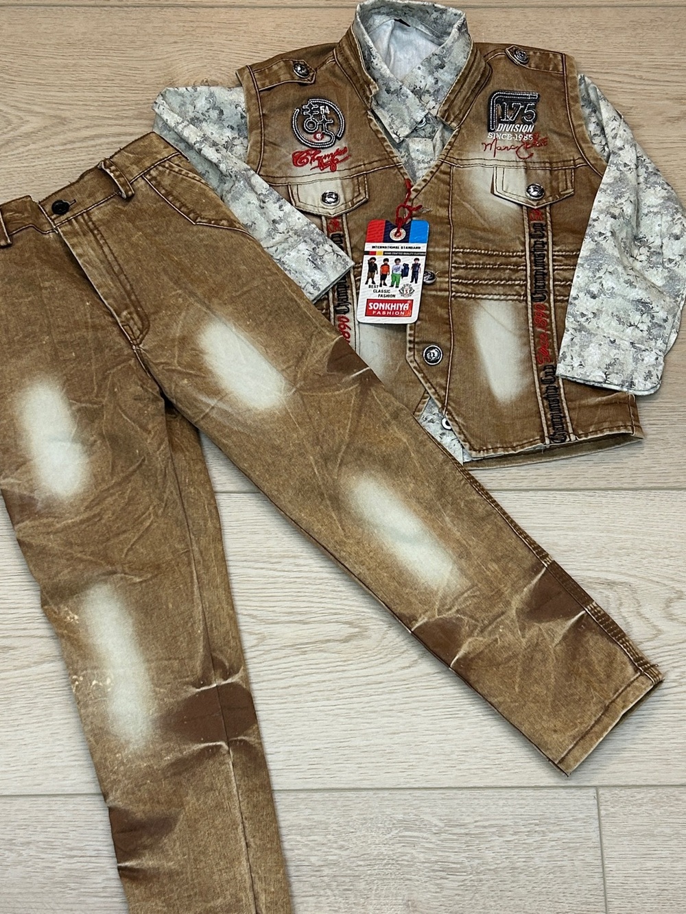 Sonkhiya Fashion Brown Distressed Three Piece Boys Shirt, Vest and pants size 6